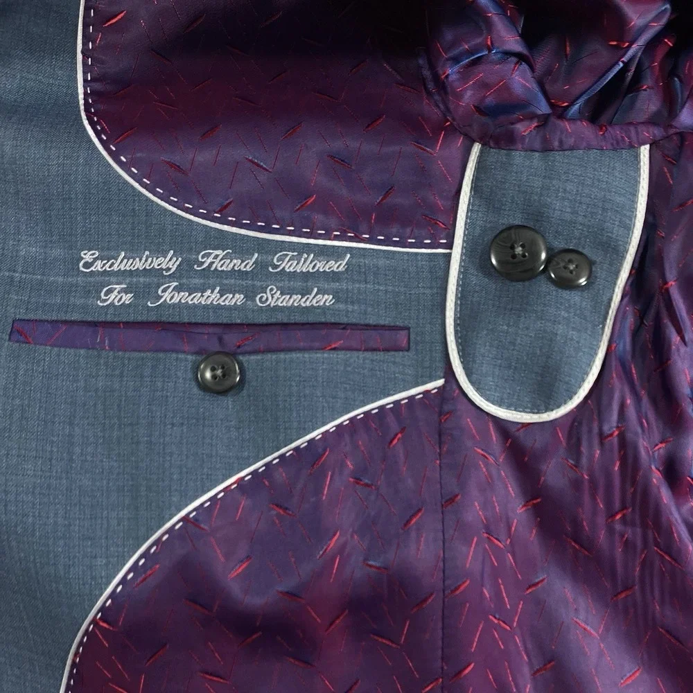 Bespoke Blazer Blue Grey Hand Tailored Two Button Burgundy Purple Jaquard Lining